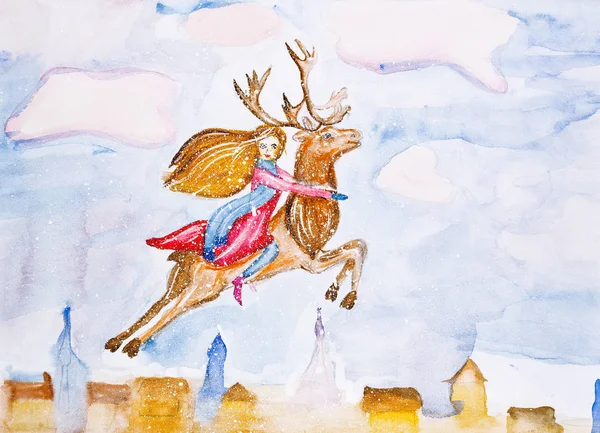 Dessin Aquarelle Pour Enfant Une Petite Princesse Chevreuille Dessus Une — Photo