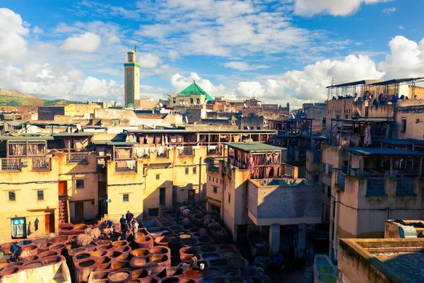 Fes Morocco Januari 2020 Marokkaanse Mannen Werken Oude Leerlooierij Van — Stockfoto