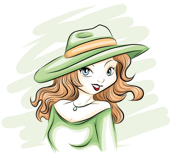 Mujer Con Sombrero Verde — Vector de stock