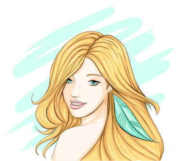 Turkuaz çiçekli küpeli genç bir kadın.