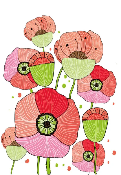 Fond Abstrait Floral Avec Des Fleurs Coquelicots Sur Fond Blanc — Image vectorielle