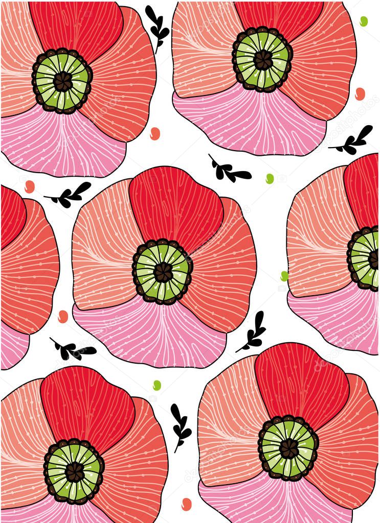 floral bright abstract background with poppies flowers on a white background