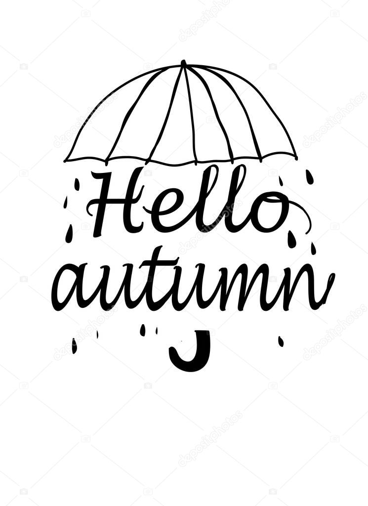 black and white graphic background with an umbrella pattern and the text hello autumn on a white background