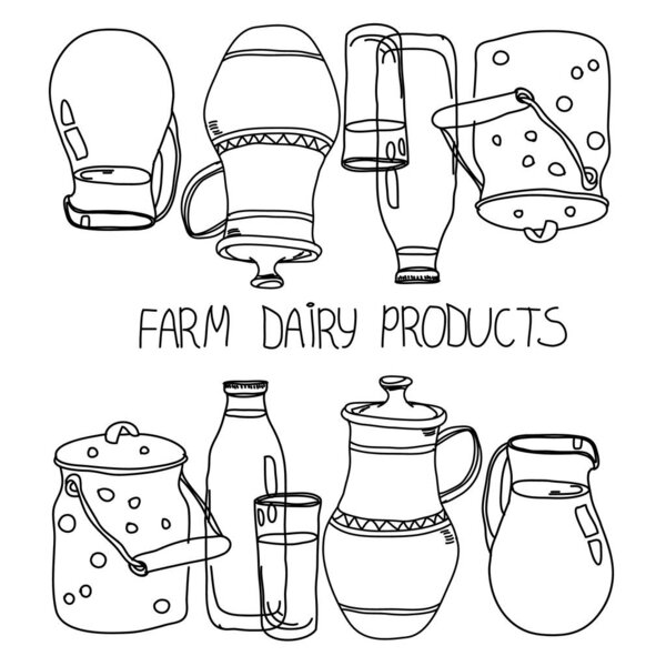 plain black and white abstract background with dairy products with bottles and a jug