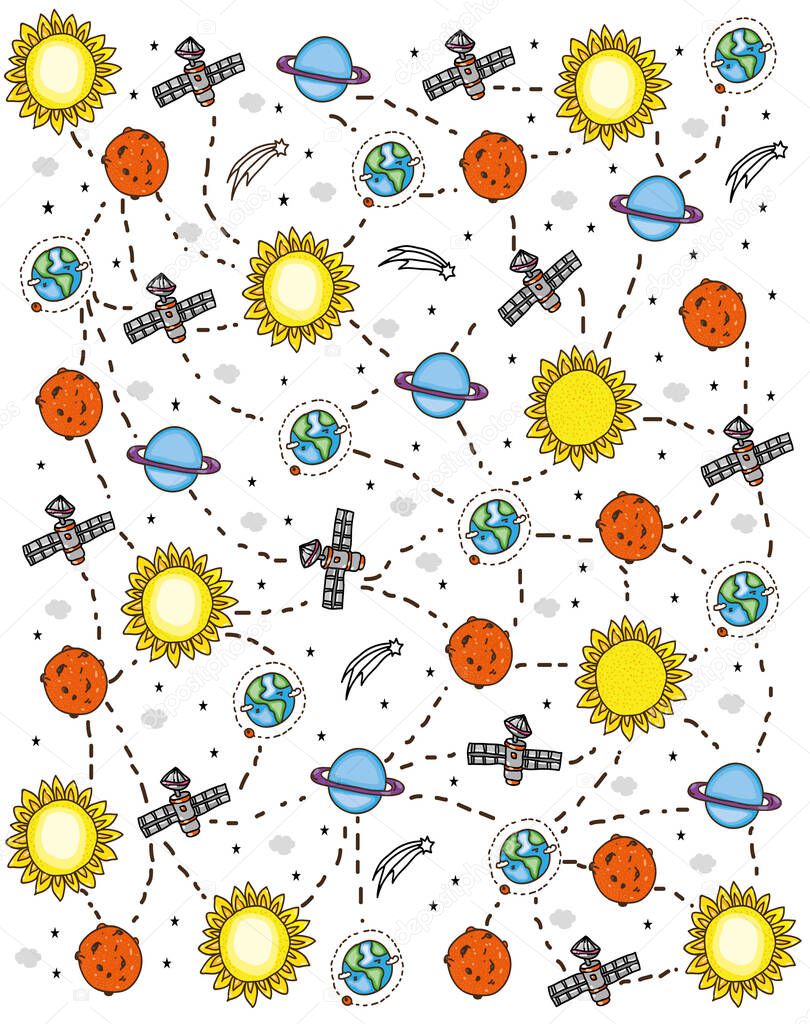 background with a pattern of space planets and satellite on a white background