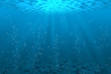 Suyun altından görülen koyu mavi okyanus yüzeyi. Suyun altındaki soyut dalgalar ve ışıldayan güneş ışınları. 3B illüstrasyon