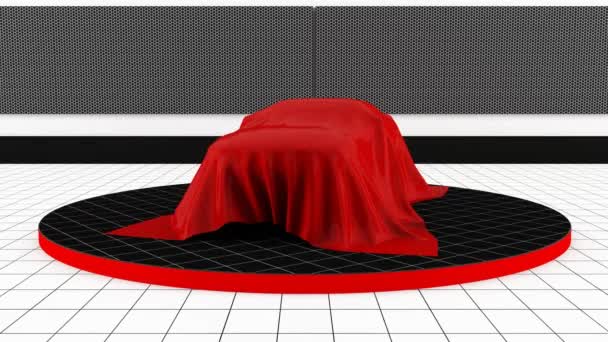 Presentación Auto Show Car Coche Cubierto Con Una Cubierta Roja — Vídeos de Stock