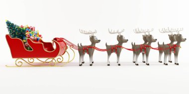 Üç boyutlu Noel Baba kızağı hediye dolu ve ren geyiği tarafından çekilmiş.