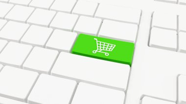 Yeşil anahtarı ve alışveriş arabası ikonu olan bilgisayar klavyesi. Çevrimiçi alışveriş için e-ticaret kavramı