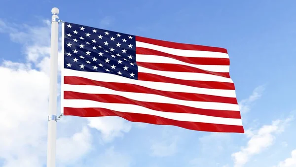 Renderowanie Amerykańskiej Flagi Wieje Wietrze Jasnym Niebieskim Niebem Tle — Zdjęcie stockowe