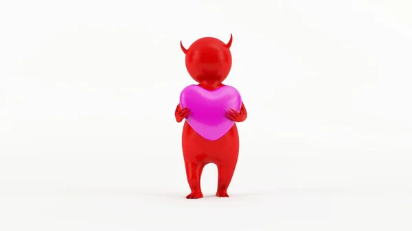 Personagem Pequeno Diabo Vermelho Segurando Coração Rosa Gigante — Fotografia de Stock