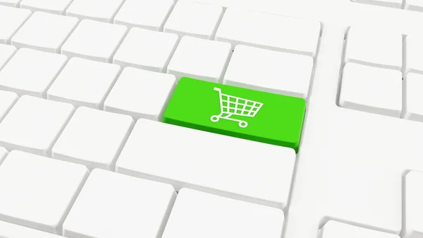 Számítógépes Billentyűzet Zöld Kulccsal Bevásárlókocsi Ikonnal Online Vásárlás Kereskedelmi Koncepciója — Stock Fotó