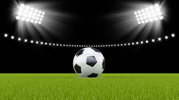 Pallone Calcio Calcio Mezzo Campo Con Luci Stadio Luminose — Foto Stock