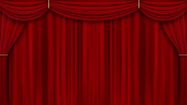 Tiyatro kırmızı perdeler. Kırmızı perdeleri açık bir tiyatro sahnesinin 4k 3D animasyonu