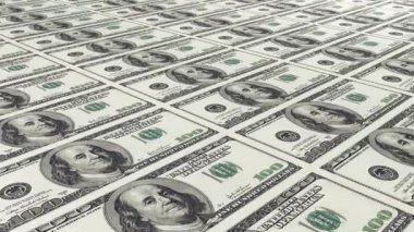 Yüz dolarlık banknotlar. 100 dolarlık banknotlar ya da banknotlar basılıyor - kusursuz döngü hareketli arka plan animasyonu