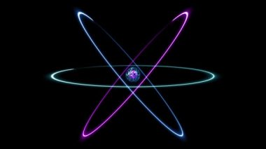 Atom parçacıkları. Dönen elektronları olan bir atomun 4k 3D animasyonu