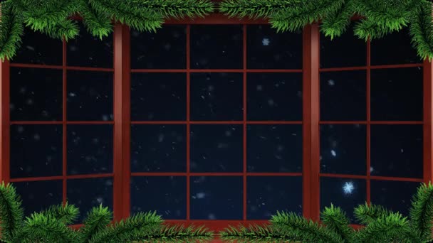 クリスマス イブ雪嵐クリスマスの装飾窓から見た冬の雪嵐の4K 3Dアニメーション — ストック動画