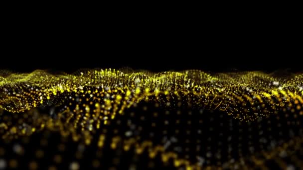 金光粒子のスローモーション3Dアニメーションが踊る 光の粒子で作られた金の波状のフィールドを持つ抽象的な背景アニメーションの4K 3Dレンダリング — ストック動画