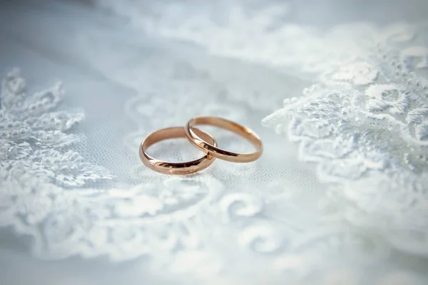 Two wedding rings on wedding dress, close-up — Stock Photo, Image