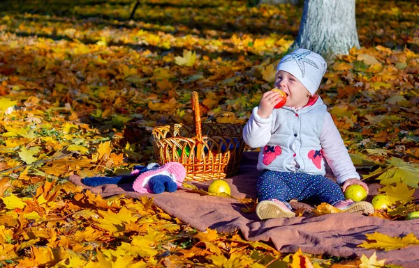 Dziewczyna Jesień Jeść Jabłko Siedzi Żółty — Zdjęcie stockowe