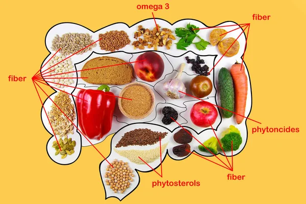 Alimento para la salud intestinal. Nutrientes para los intestinos — Foto de Stock