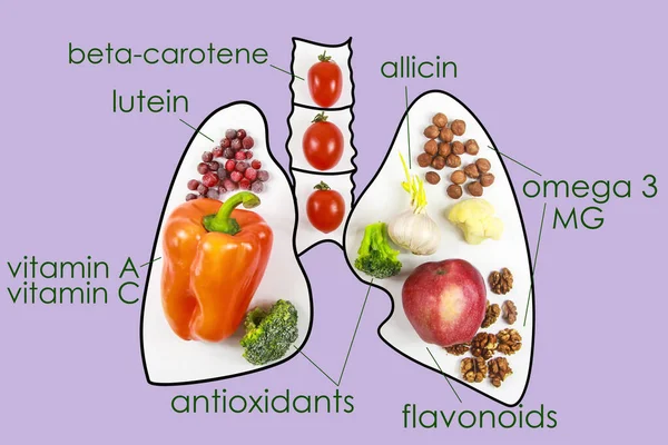 Cibo per la salute dei polmoni. Nutrienti, vitamine, antiossidanti — Foto Stock