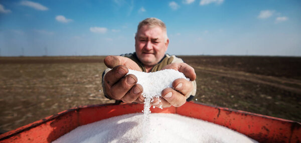 Фермер готовит химические удобрения для посева на рисовом поле. Его руки касаются удобрения.
.