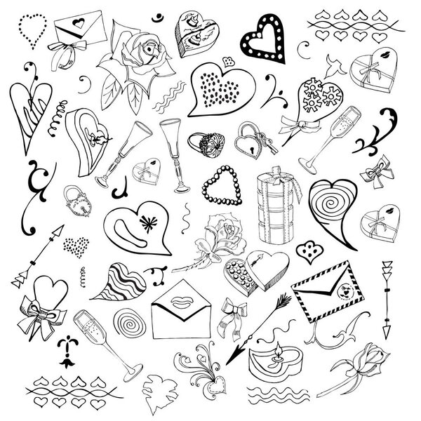 Valentine's Day theme doodle set. Monochrom love symbols and hearts isolated on white background.Vector illustration.