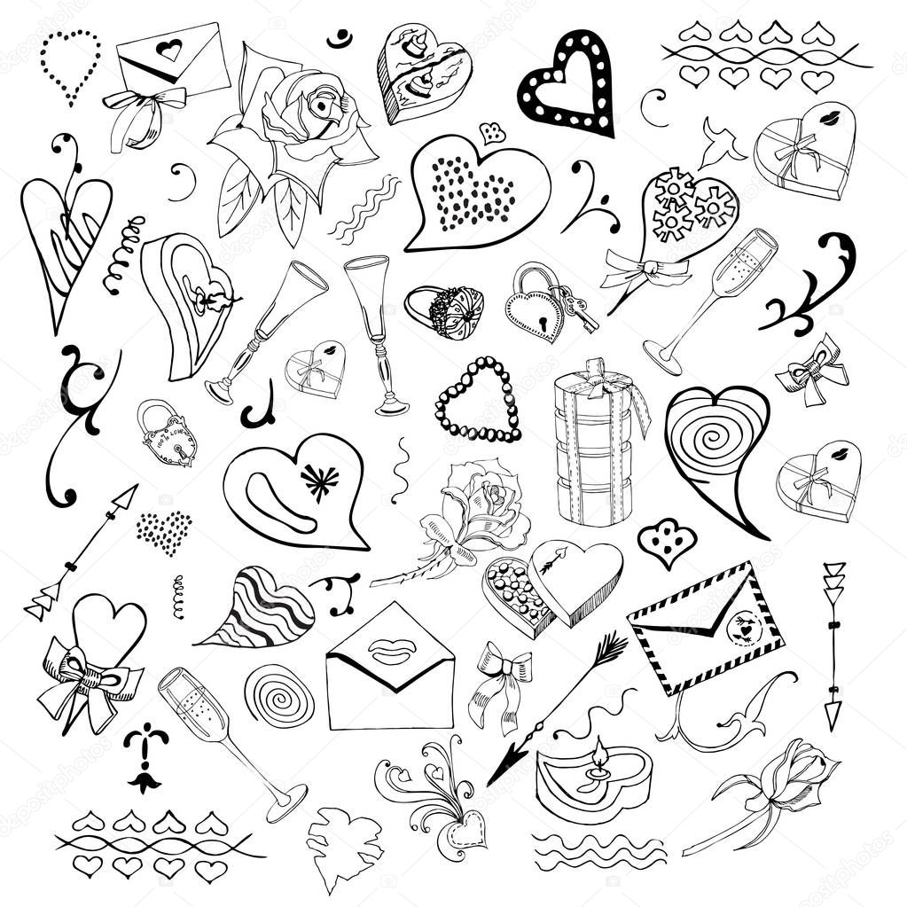 Valentine's Day theme doodle set. Monochrom love symbols and hearts isolated on white background.Vector illustration.