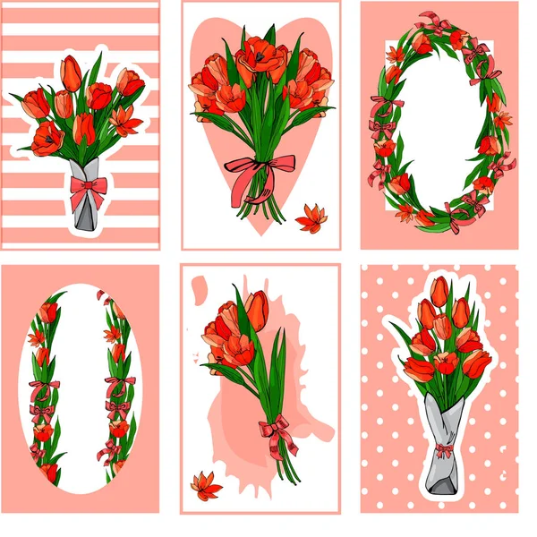 Uppsättning Kort Med Buketter Röda Tulpaner Handritade Vektorillustration Tulpan Blommor — Stock vektor