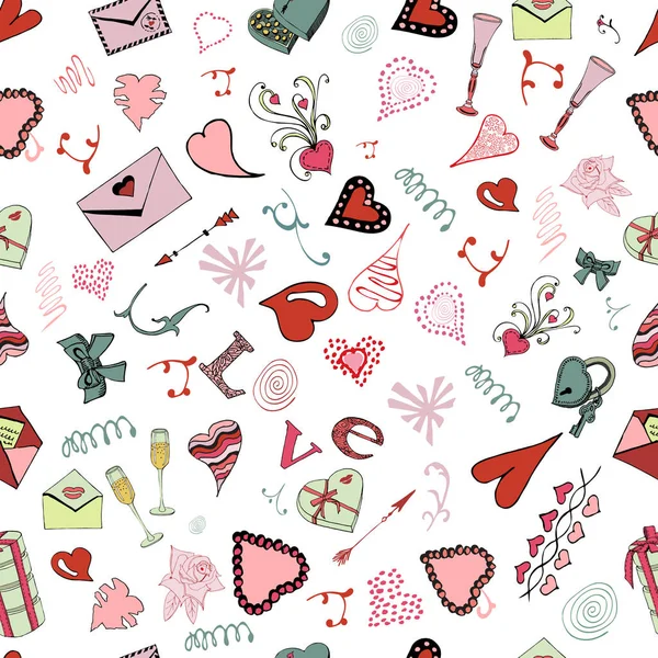 Naadloze patroon van Valentijnsdag thema doodle elementen. Hand getrokken en gekleurde liefde symbolen en harten op witte achtergrond. — Stockvector