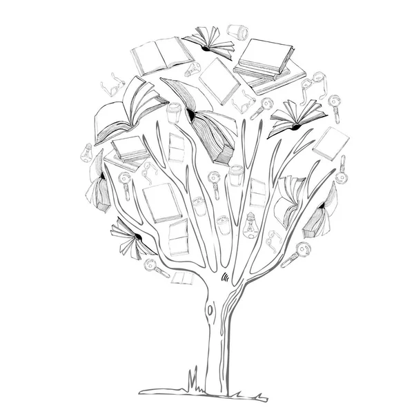 Doodle Árbol Con Libros Tazas Café Lámparas Vasos Dibujo Tinta — Vector de stock