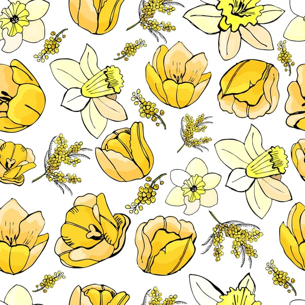 Kwiatowy Wzór Ręcznie Rysowane Grafiki Kolorowy Szkic Żółty Tulipan Mimozy — Wektor stockowy