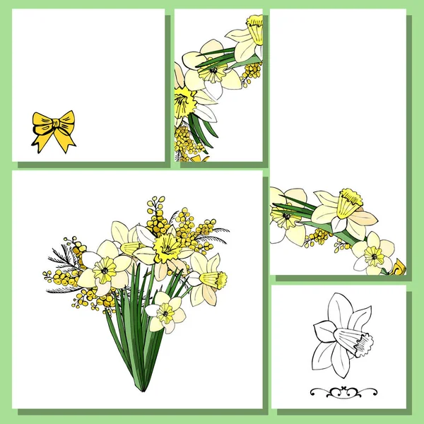 Plantillas Florales Primavera Con Racimos Dibujados Mano Narciso Amarillo Mimosa — Vector de stock