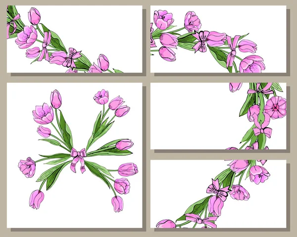 Plantillas Florales Primavera Con Manojos Dibujados Mano Tulipanes Rosados Elementos — Vector de stock