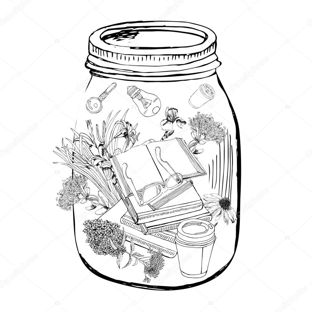 Composition of  hand drawn monochrome  sketch with jar, books, summer flowers, caps of coffee and other elements. Vector illustration isolated on white background.