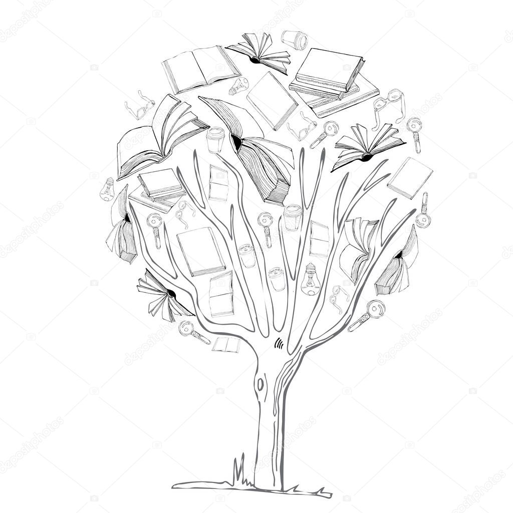 Doodle tree with books, cups of coffee, lamps and glasses. Hand drawn ink sketch. Vector illustration isolated on white background.