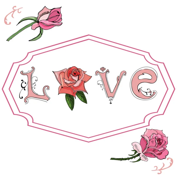 Handgezeichnete Rosen Buchstaben Und Wirbel Designelemente Für Den Valentinstag Farbige — Stockvektor