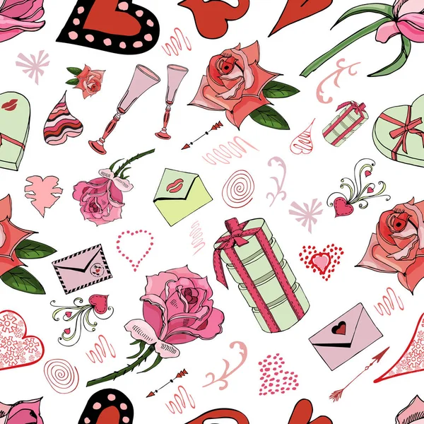 Naadloze Patroon Van Valentijnsdag Thema Doodle Elementen Hand Getrokken Gekleurde — Stockvector