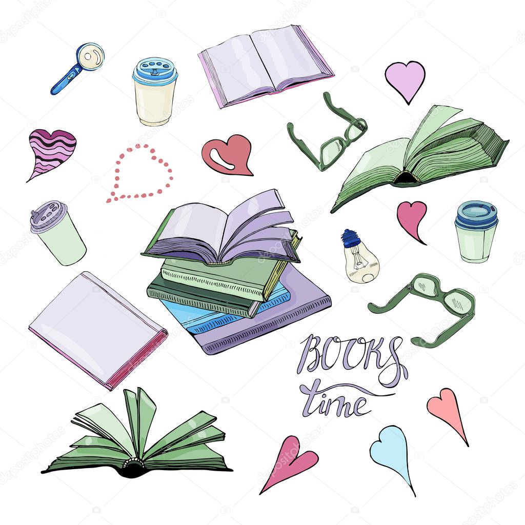 Composition of  hand drawn ink and colored  sketch with books,  glasses, cups of coffe and lettering. Vector illustation isolated on white background.