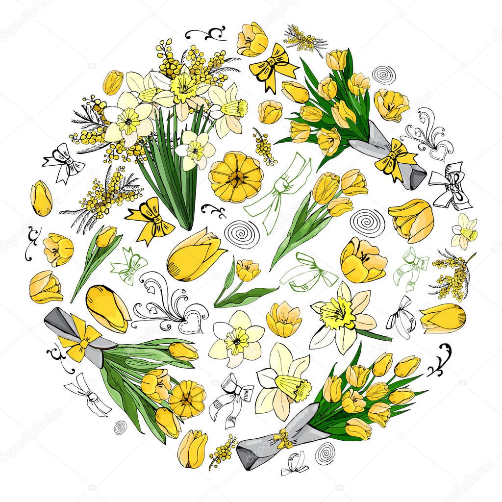 ircle  made of  different yellow and green floral elements. Template for greeting card and invitation. Colored hand drawn  sketch on white background.