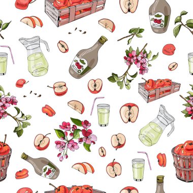 Dikişsiz desen bütün ve dilimlenmiş kırmızı elma, mulus çiçekler ve beyaz arka plan üzerinde farklı öğeler üzerinde. Düzenlenmiş ve renkli kroki ver. Vektör çizim.