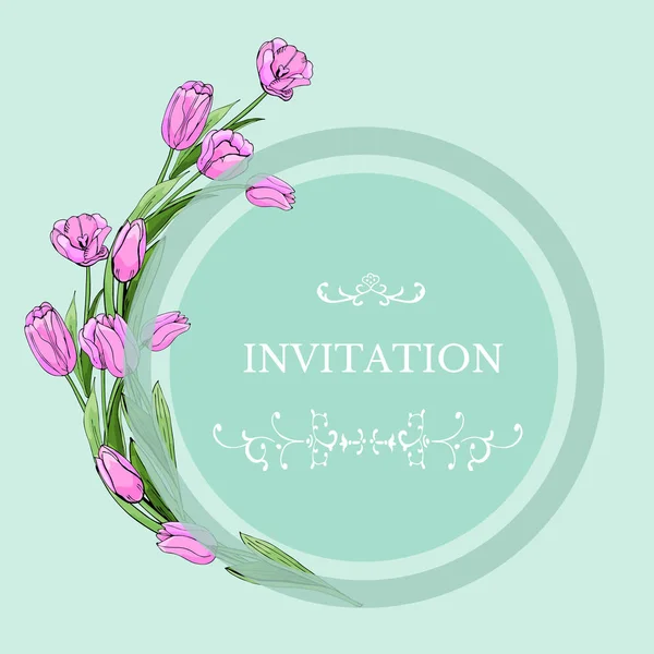 Plantilla floral para invitación con círculo y flor de tulipán rosa. Bosquejo dibujado a mano sobre fondo verde claro . — Vector de stock