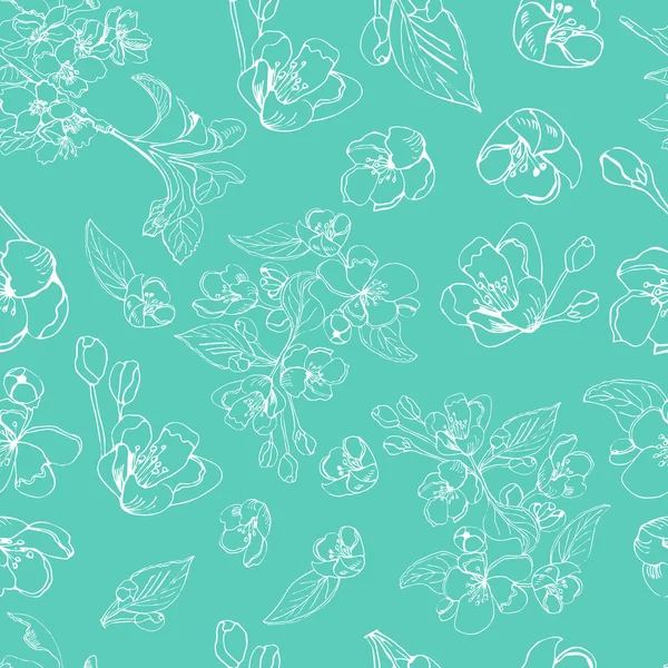 사과 나무의 꽃이 만발한 분기의 완벽 한 패턴입니다. 청록색 바탕에 흰 맬 러 스 꽃의 손으로 그려진된 스케치. — 스톡 벡터