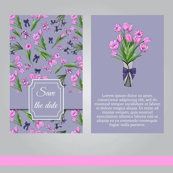 Florale Frühlingsvorlagen aus handgezeichneten rosa Tulpen und violetten Schwertlilien. Elemente für romantisches Design, Ankündigungen, Grußkarten, Plakate, Werbung, Einladungen. — Stockvektor