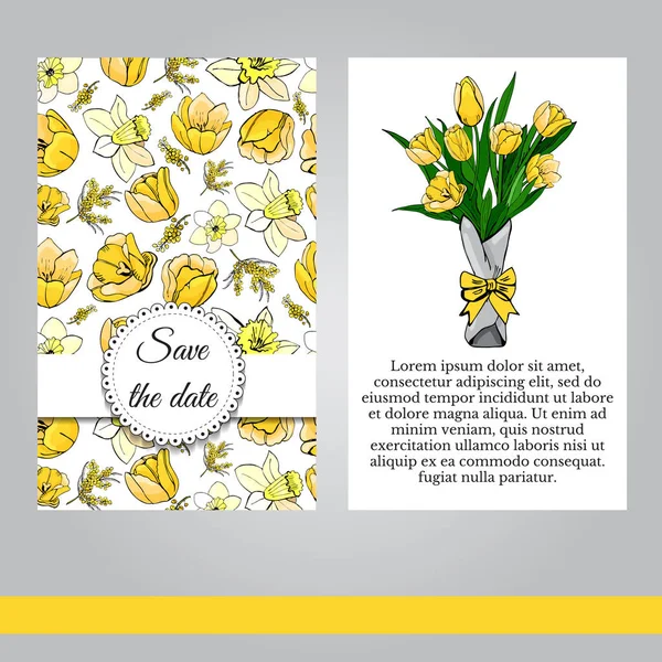 Modèles Floraux Printemps Tulipes Jaunes Dessinées Main Narcisses Fleurs Mimosa — Image vectorielle