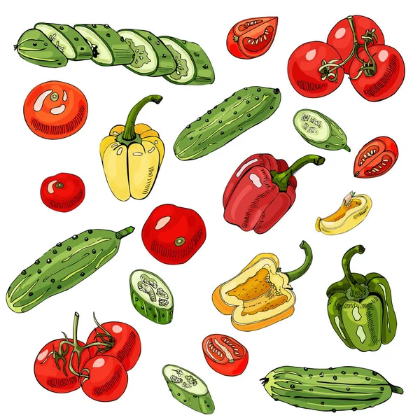 Ανάμεικτα Λαχανικά Κόκκινο Πράσινο Και Κίτρινο Ντομάτες Αγγούρια Και Πιπεριές — Διανυσματικό Αρχείο