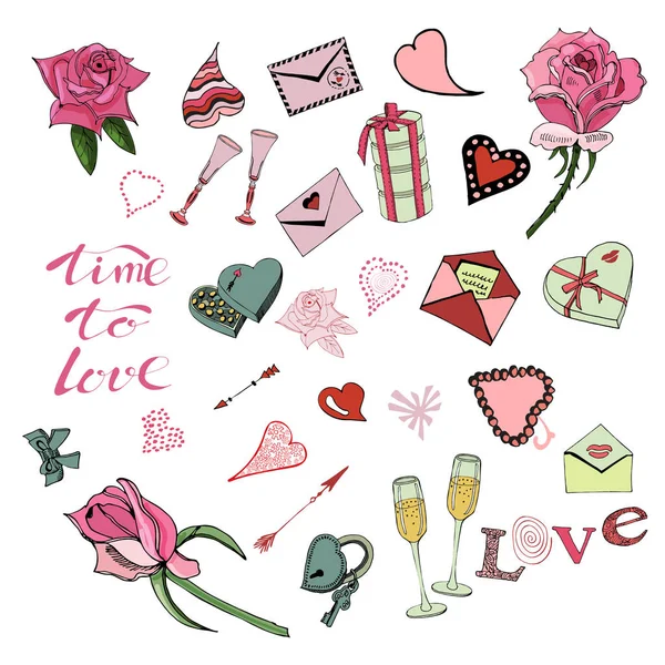 Set Van Valentijnsdag Thema Doodle Elementen Rozen Letter Verschillende Objecten — Stockvector