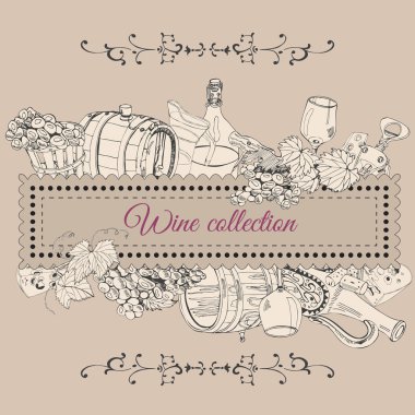 Şarap ürün öğeleri dikdörtgen bileşimi. Elle çizilmiş kroki nesneleri vintage tarzı.