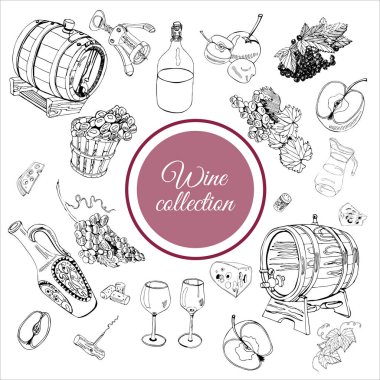 Beyaz arka plan üzerinde izole şarap ürünün farklı nesneleri koleksiyonu. Elle çizilmiş tek renkli kroki. Vektör çizim.